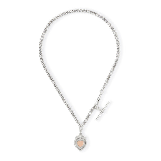 Classic Edwardian sterling silver fob chain with a dog clip, T-bar and a medallion embossed with a heart-shaped rose gold disc.