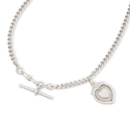 Classic Edwardian sterling silver fob chain with a dog clip, T-bar and a medallion embossed with a heart-shaped rose gold disc.