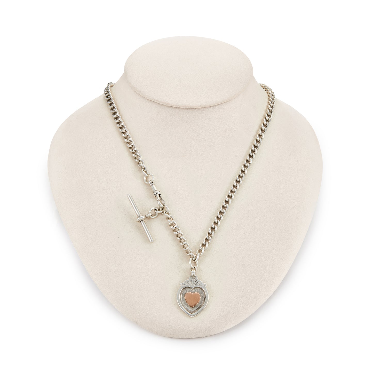 Classic Edwardian sterling silver fob chain with a dog clip, T-bar and a medallion embossed with a heart-shaped rose gold disc.