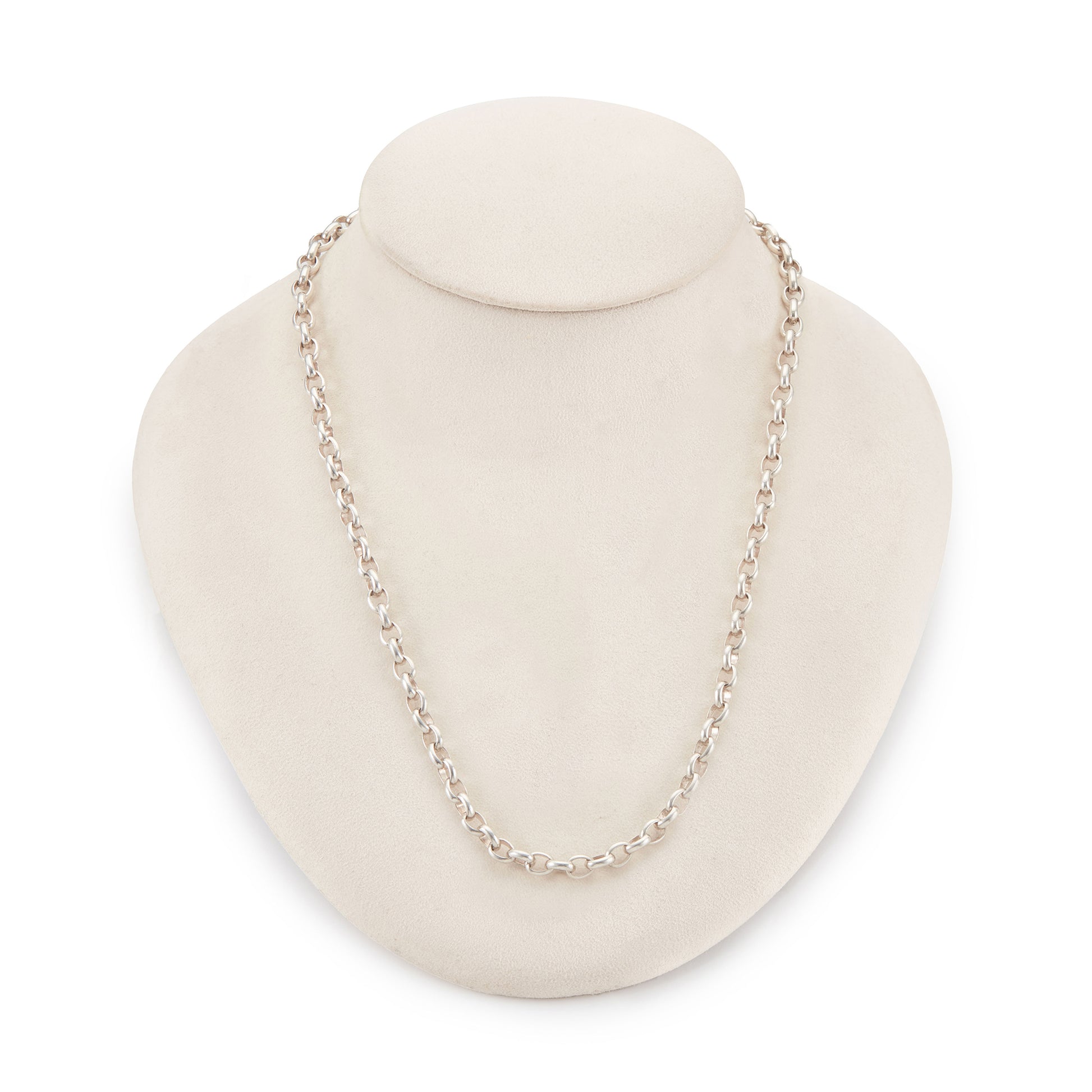 Classic Edwardian sterling silver chain with a bolt-ring clasp.