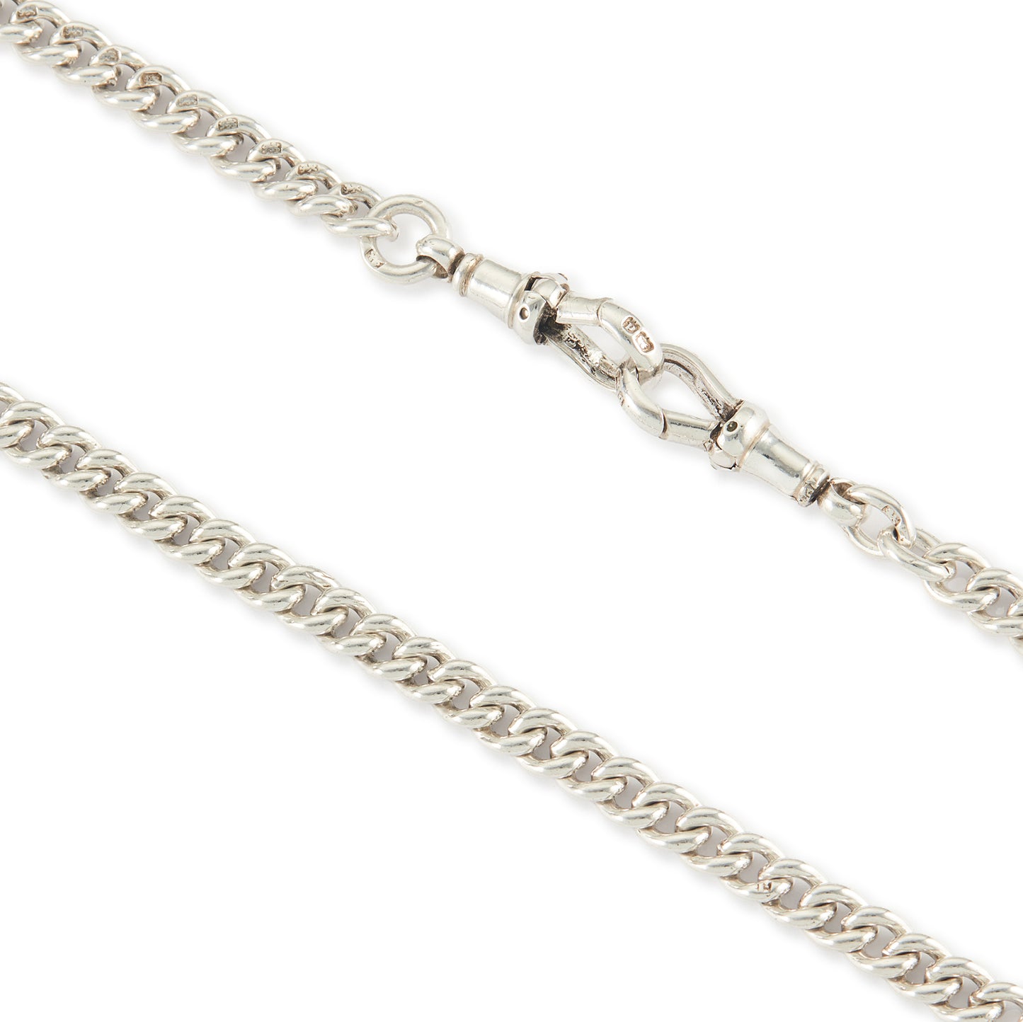 Classic Edwardian Sterling silver curb link fob chain with two dog-clips and a T-bar. There is a piece of chain attached allowing the chain to be lengthened or to attach a medallion or fob. Every link is stamped.