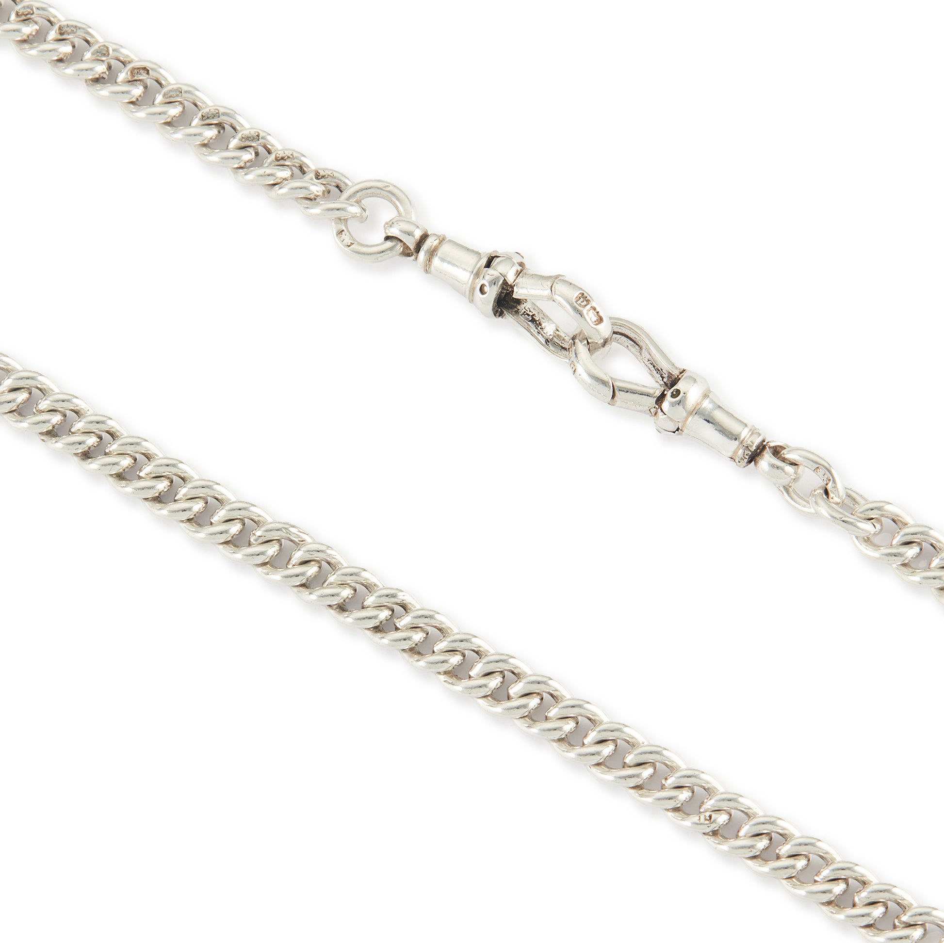 Classic Edwardian Sterling silver curb link fob chain with two dog-clips and a T-bar. There is a piece of chain attached allowing the chain to be lengthened or to attach a medallion or fob. Every link is stamped.
