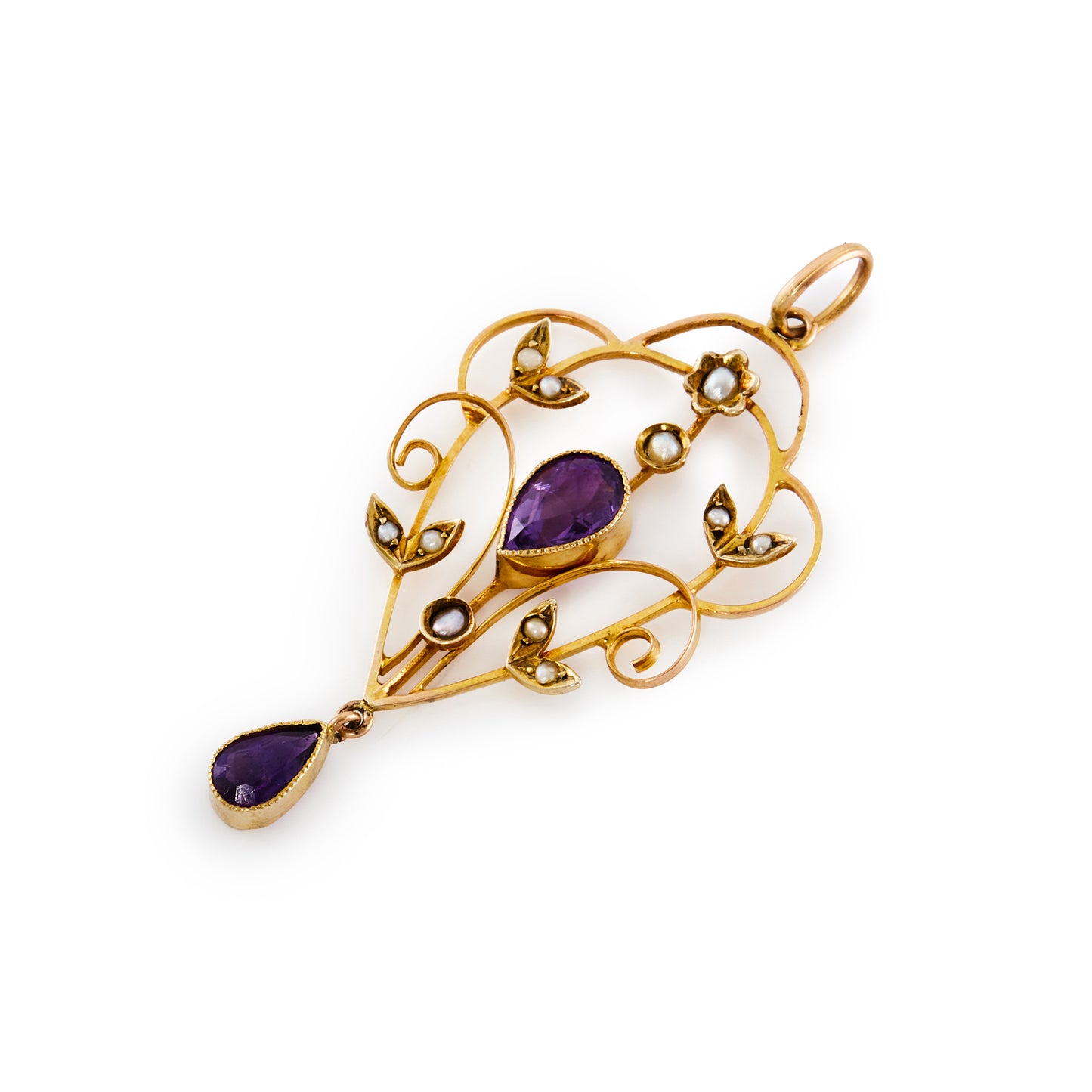Pretty Edwardian 9ct gold pendant set with two beautifully faceted pear-shaped amethysts and eleven tiny seed pearls.