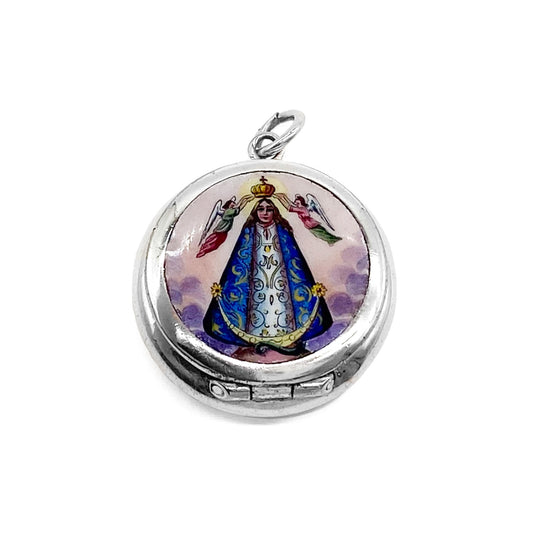 Charming silver enamelled locket depicting Madonna being crowned by two angels.