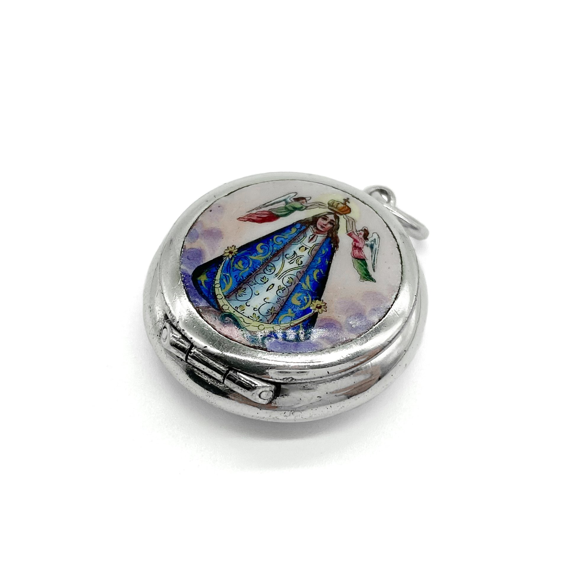 Charming silver enamelled locket depicting Madonna being crowned by two angels.