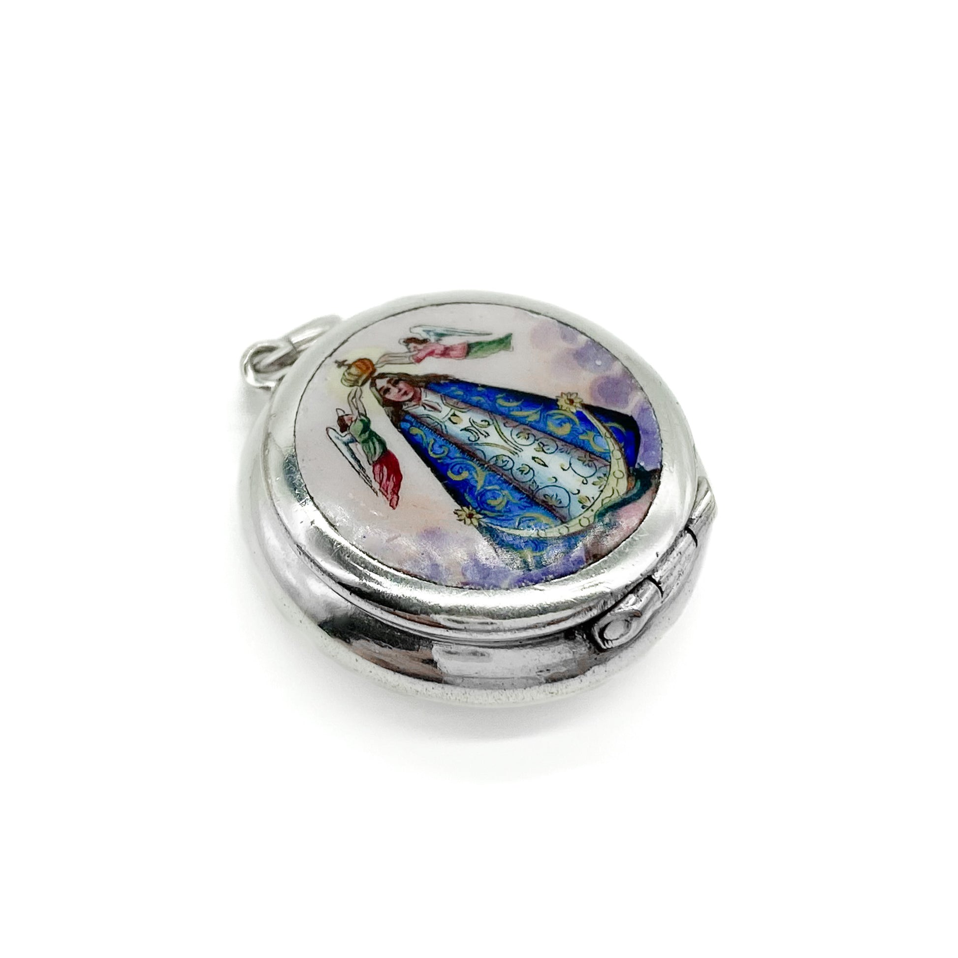 Charming silver enamelled locket depicting Madonna being crowned by two angels.