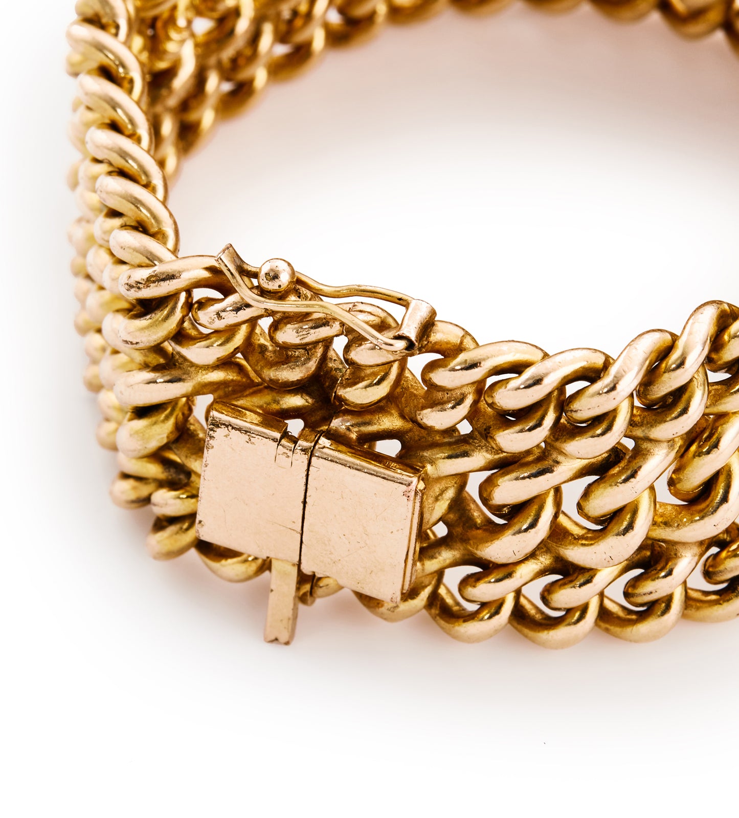 Bold French vintage rose gold filled three line curb link statement bracelet.