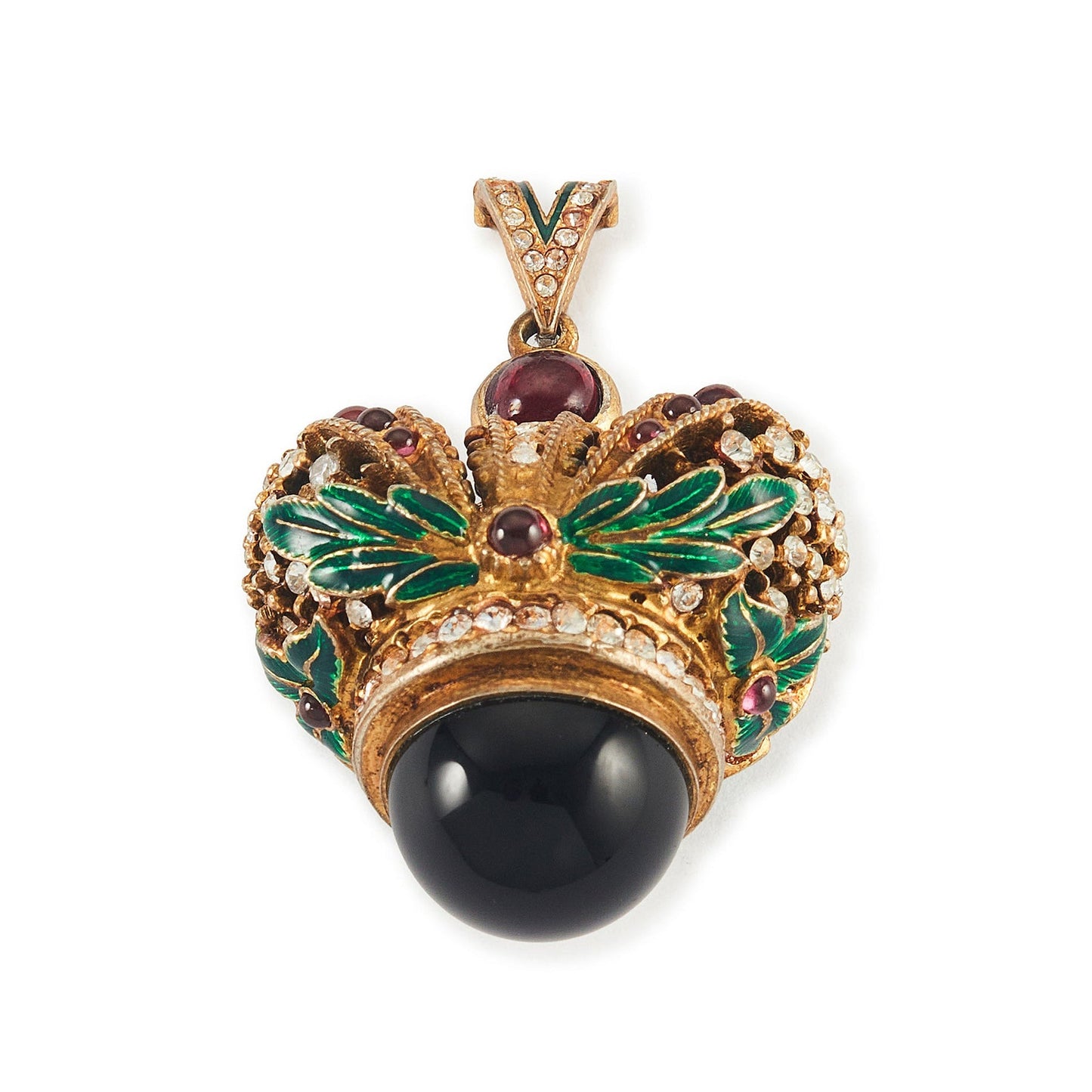 Magnificent vermeil (thick gold plating on silver) green enamelled turban pendant set with garnets, peridot and white crystals.