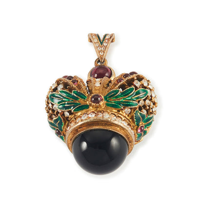 Magnificent vermeil (thick gold plating on silver) green enamelled turban pendant set with garnets, peridot and white crystals.