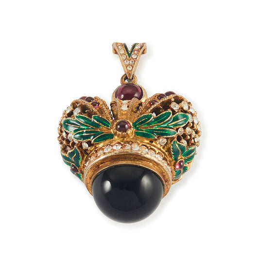 Magnificent vermeil (thick gold plating on silver) green enamelled turban pendant set with garnets, peridot and white crystals.
