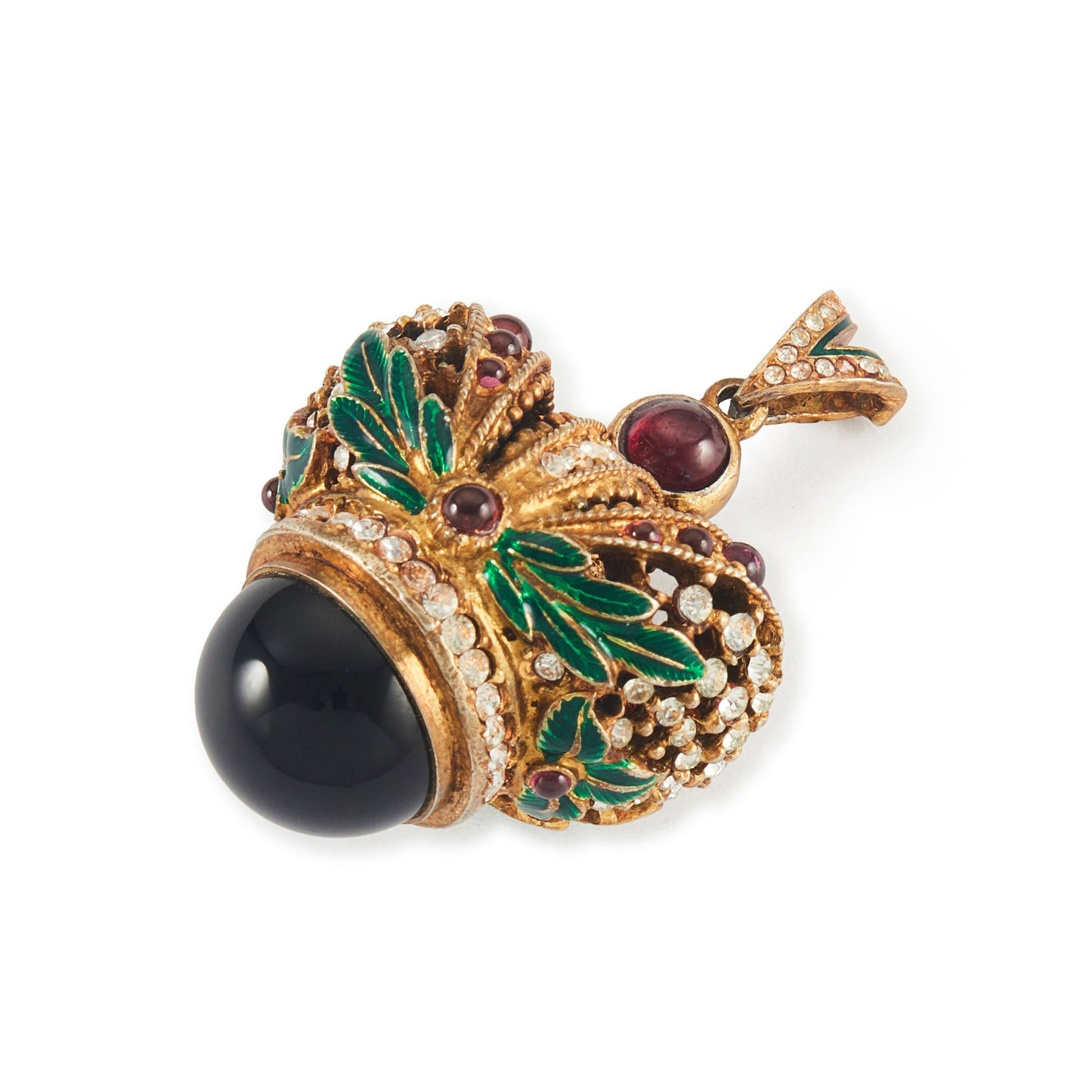 Magnificent vermeil (thick gold plating on silver) green enamelled turban pendant set with garnets, peridot and white crystals.