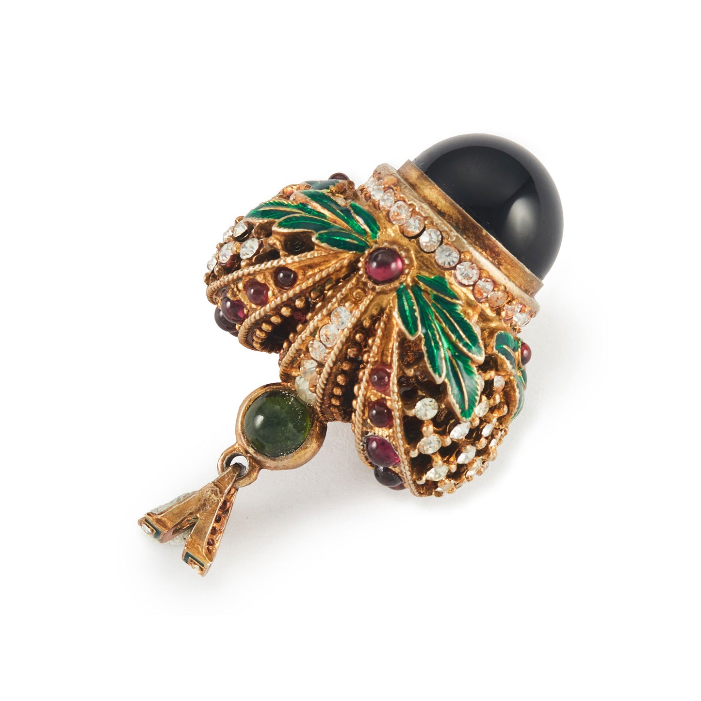 Magnificent vermeil (thick gold plating on silver) green enamelled turban pendant set with garnets, peridot and white crystals.