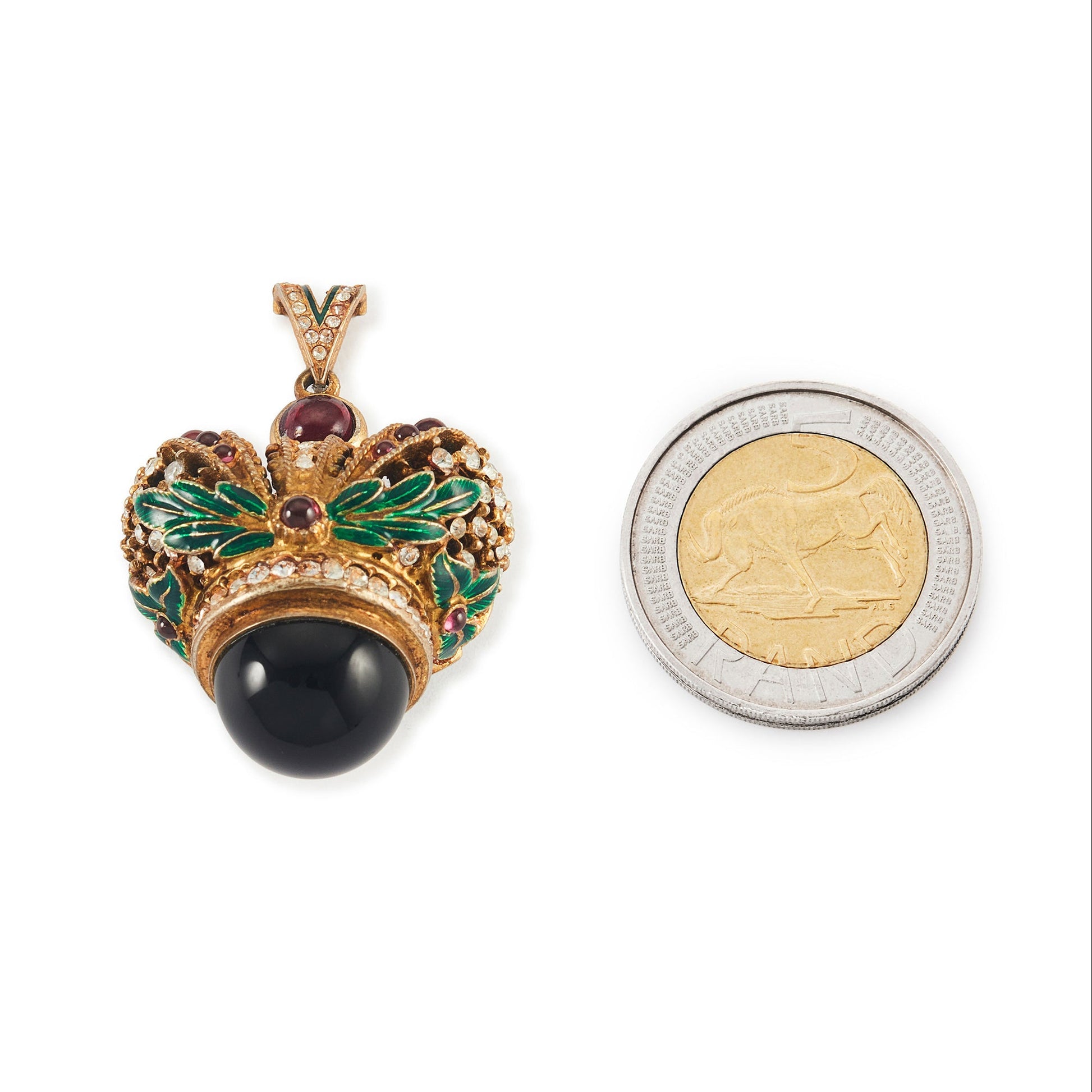 Magnificent vermeil (thick gold plating on silver) green enamelled turban pendant set with garnets, peridot and white crystals.