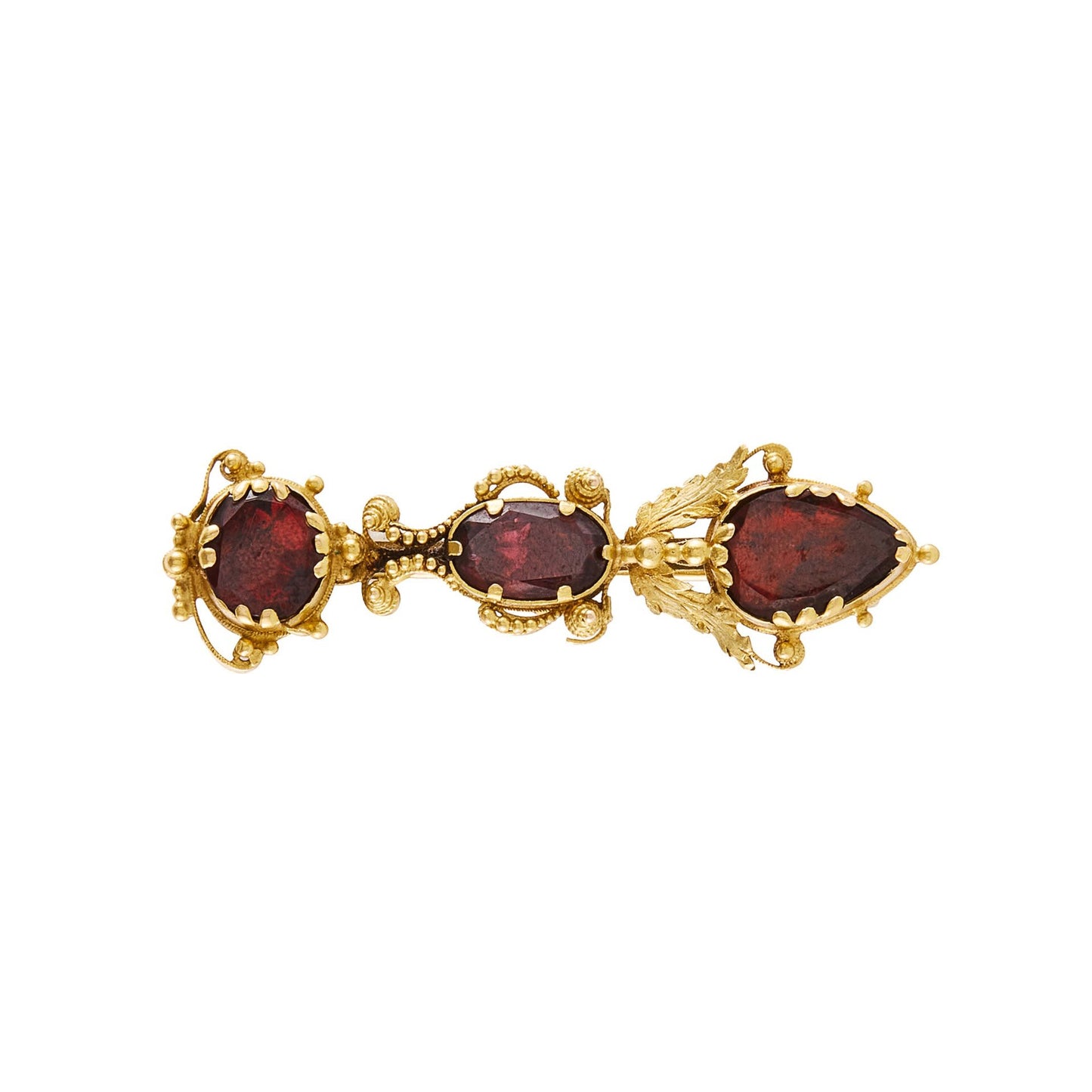 Exquisite 18ct yellow gold Georgian brooch, with three beautiful deep red garnets set in an intricate cannetille work mount.
