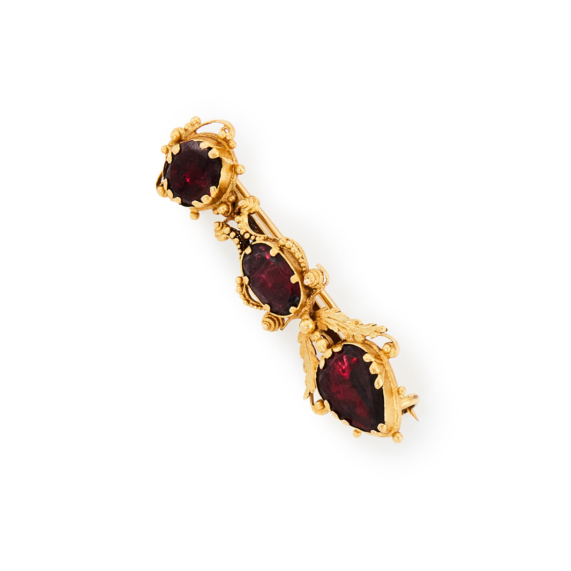 Exquisite 18ct yellow gold Georgian brooch, with three beautiful deep red garnets set in an intricate cannetille work mount.