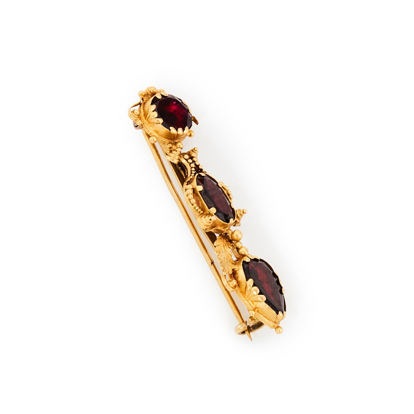 Exquisite 18ct yellow gold Georgian brooch, with three beautiful deep red garnets set in an intricate mount.