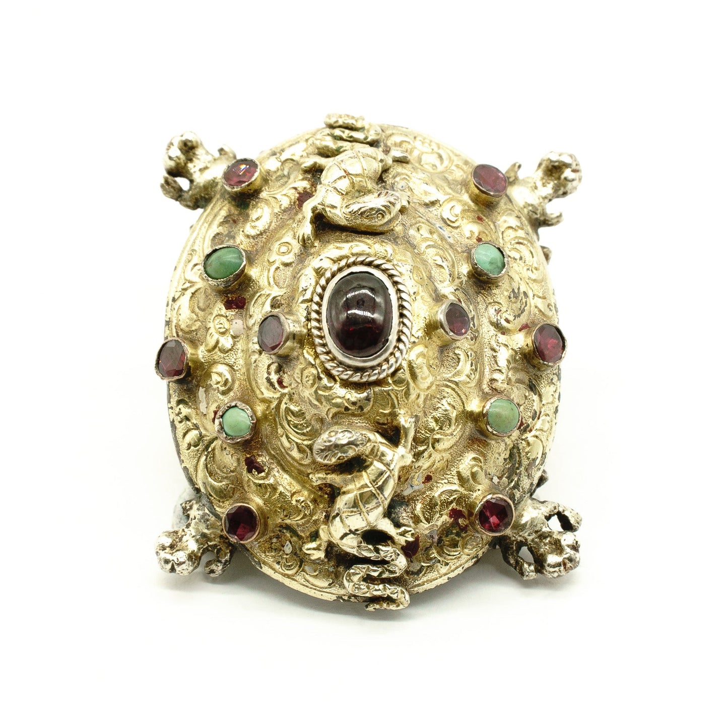 Very unusual Austro-Hungarian tortoise shaped gilt buckle set with garnets and turquoise stones. Adorned with two climbing lizards and beautiful engraving. This piece would look beautiful on a velvet choker.