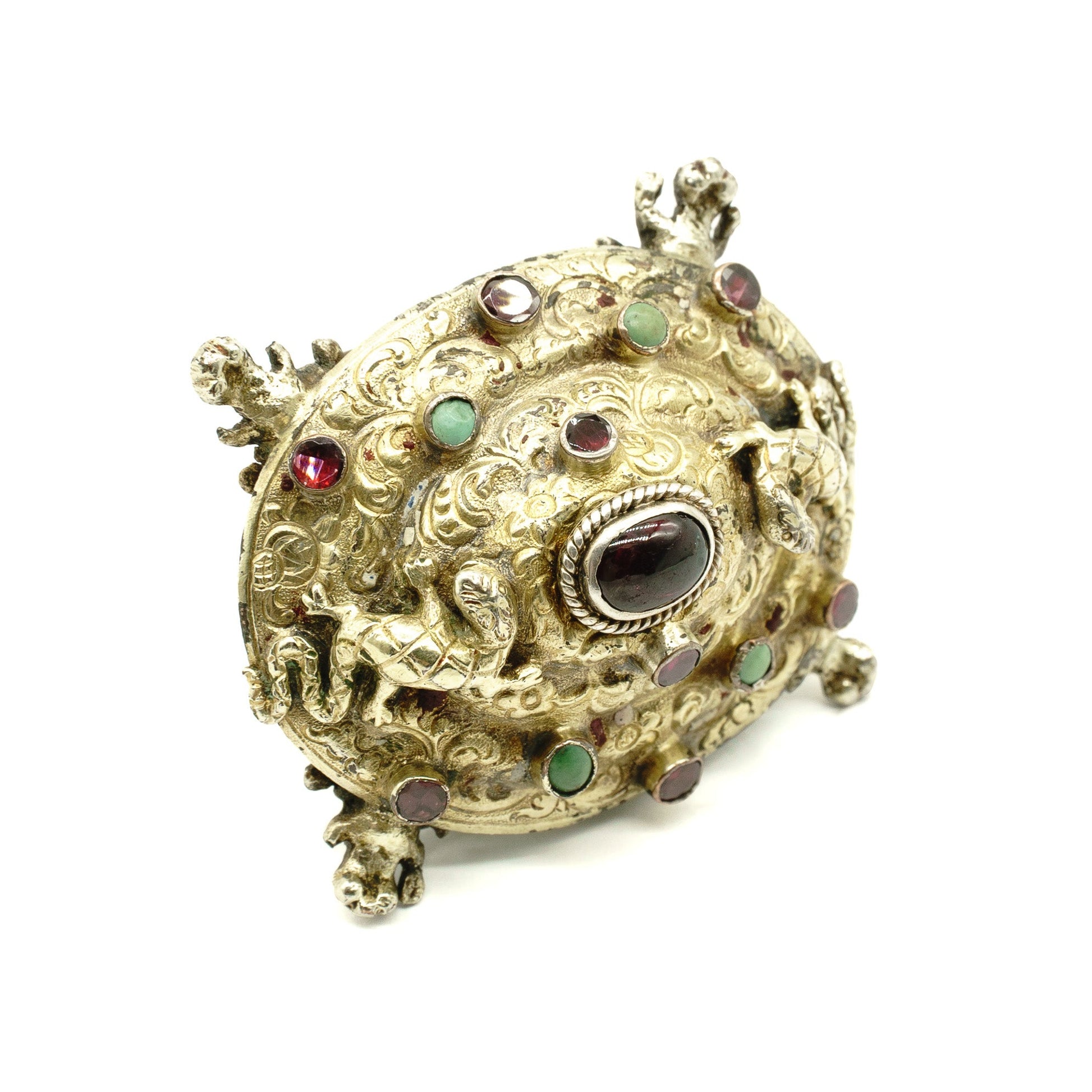 Very unusual Austro-Hungarian tortoise shaped gilt buckle set with garnets and turquoise stones. Adorned with two climbing lizards and beautiful engraving. This piece would look beautiful on a velvet choker.