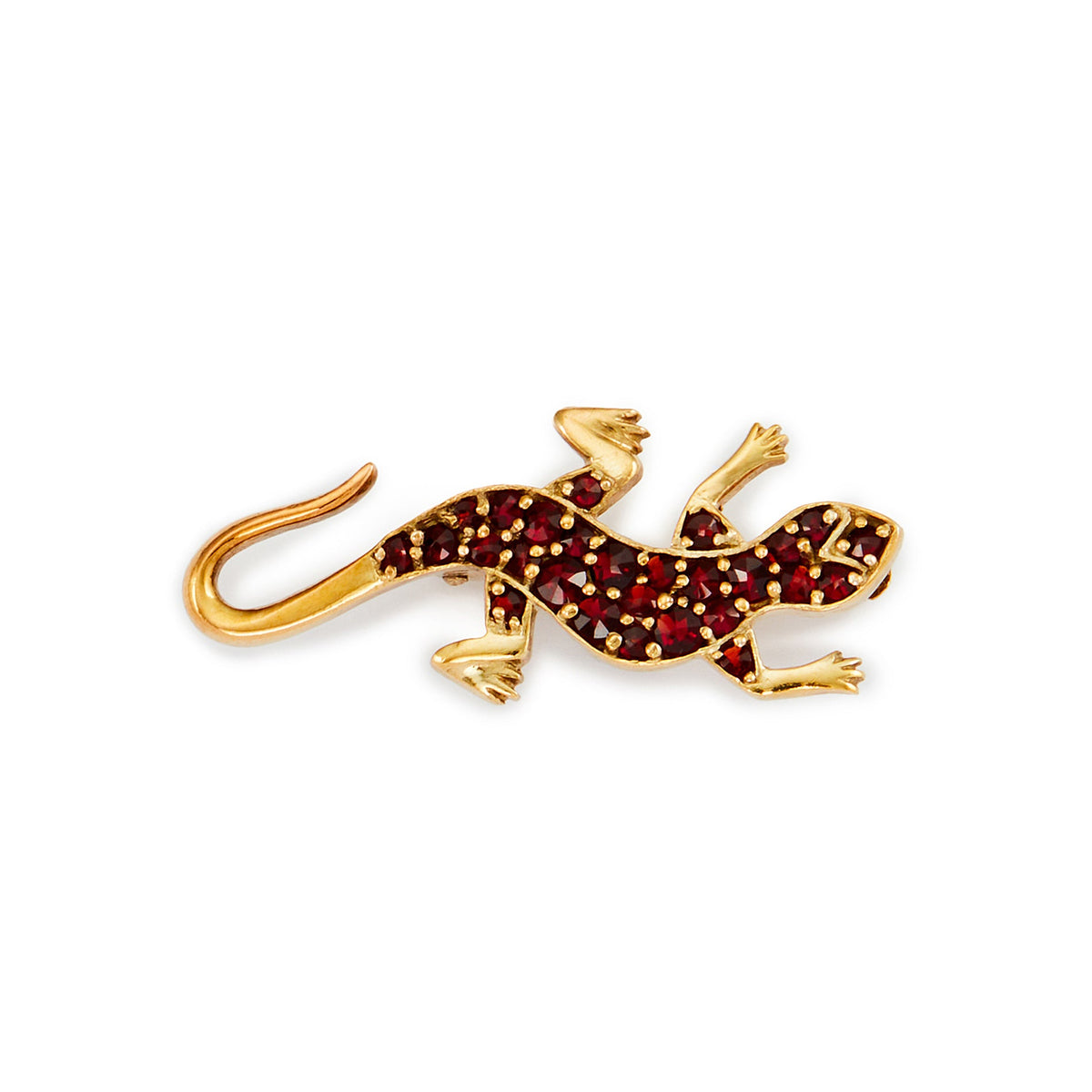 Charming gold-plated-on-silver gecko brooch with pavé set, deep-red bohemian garnets.