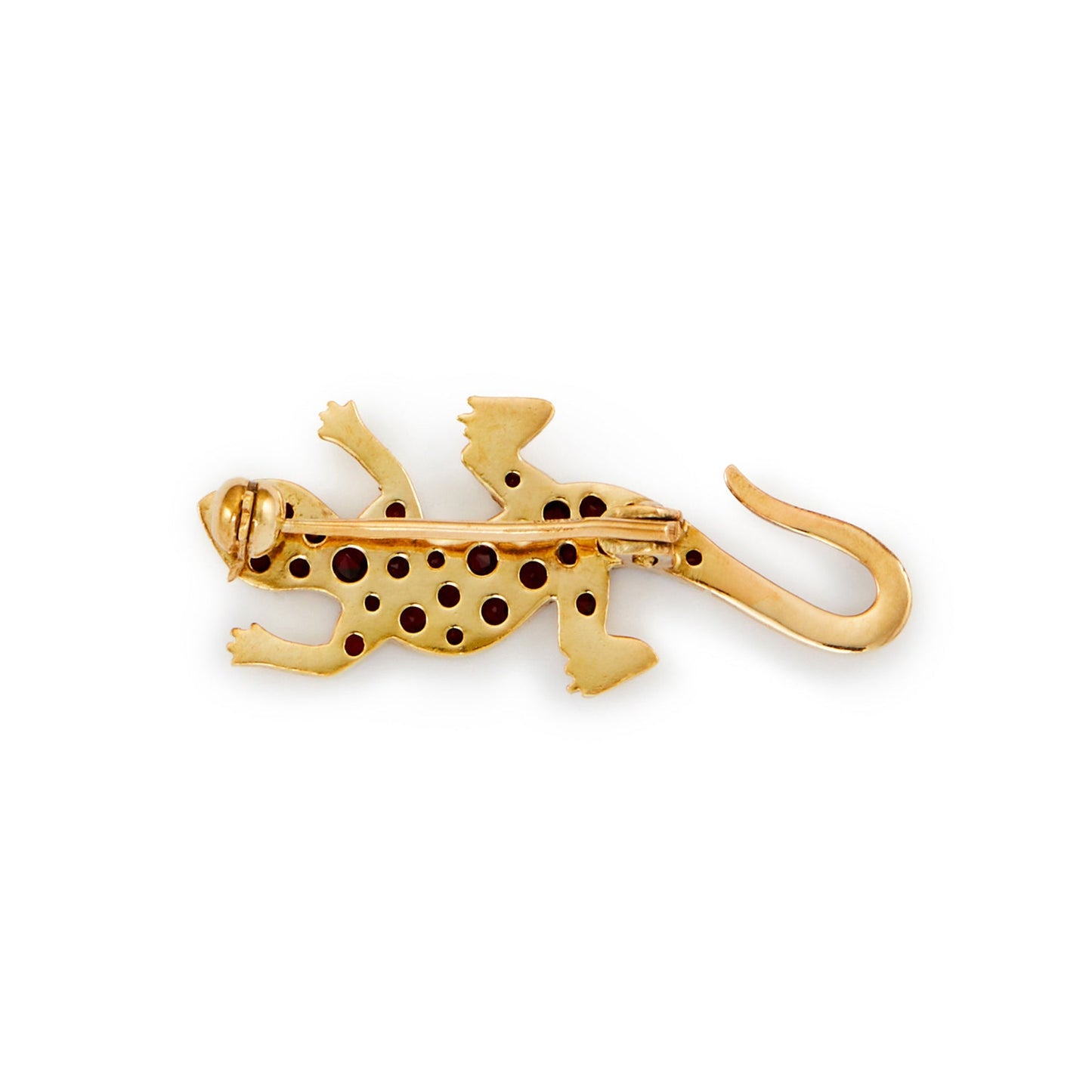 Charming gold plated on silver gecko brooch with pavé set, deep-red bohemian garnets.