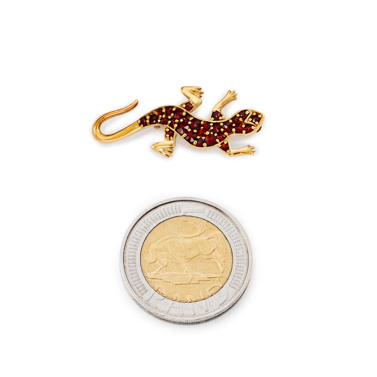 Charming gold plated on silver gecko brooch with pavé set, deep-red bohemian garnets.