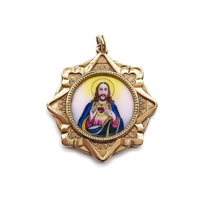 Beautiful 18ct gold-filled medallion pendant with enamel depicting Jesus on one side and Madonna with child on the reverse.  Italy