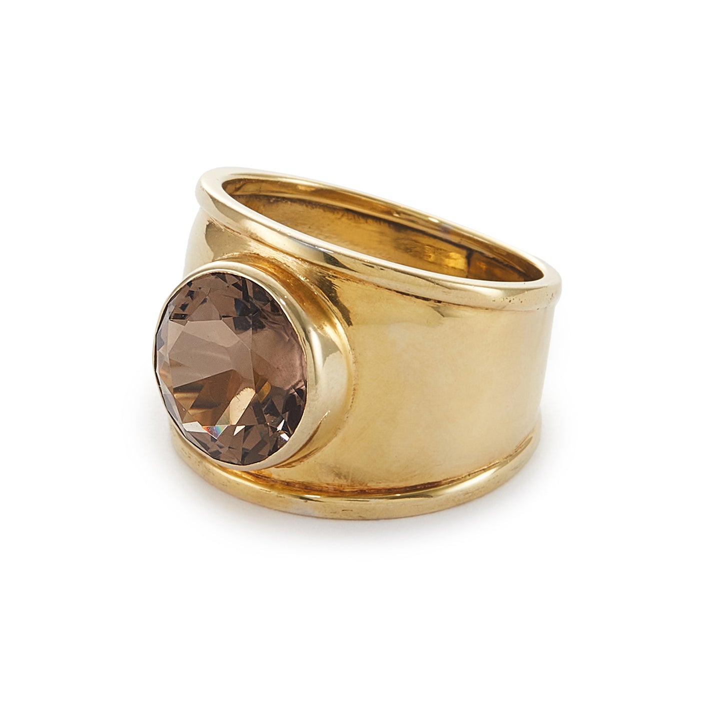 Classic gold plated on silver ring with a beautifully faceted smoky quartz in a tube setting.