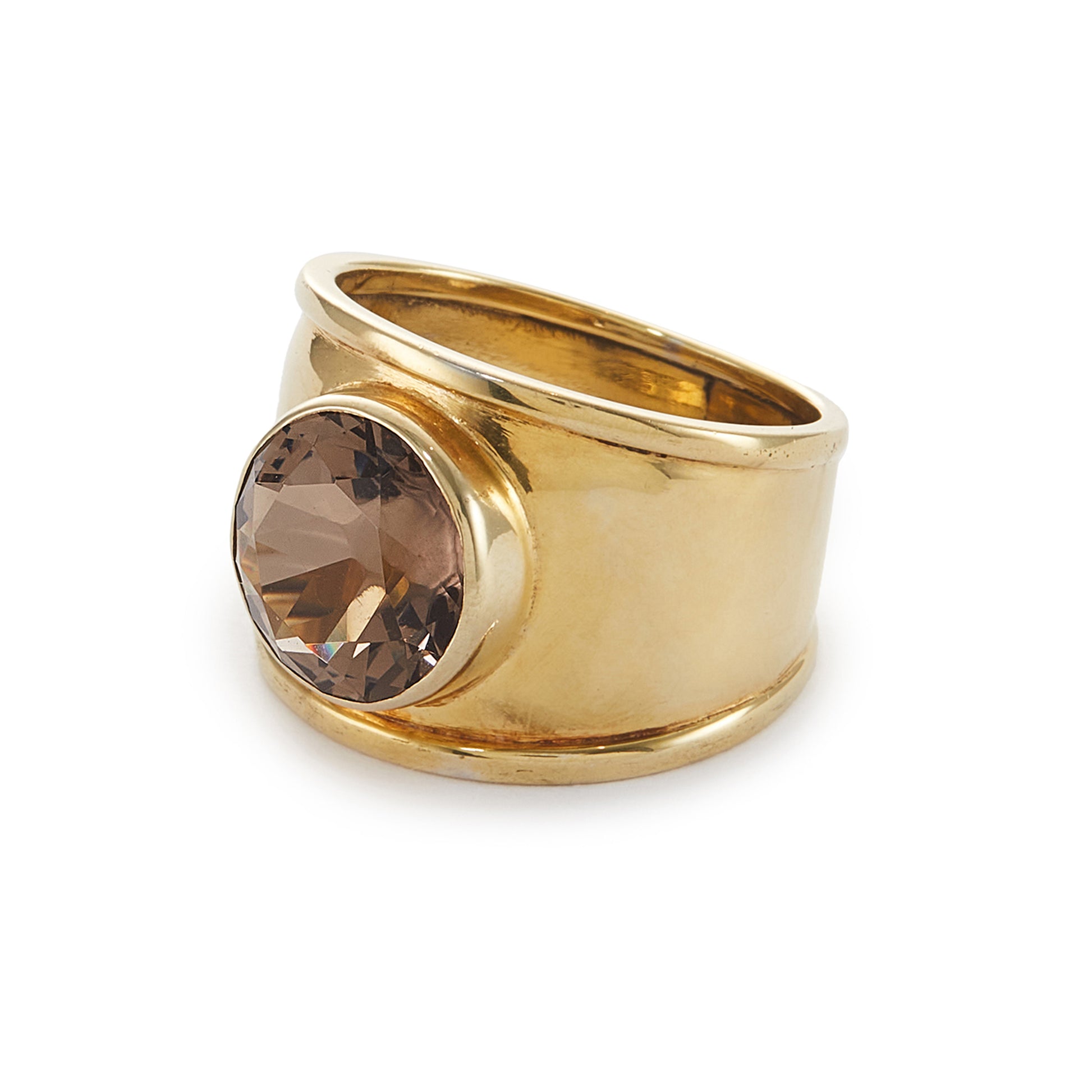 Classic gold plated on silver ring with a beautifully faceted smoky quartz in a tube setting.