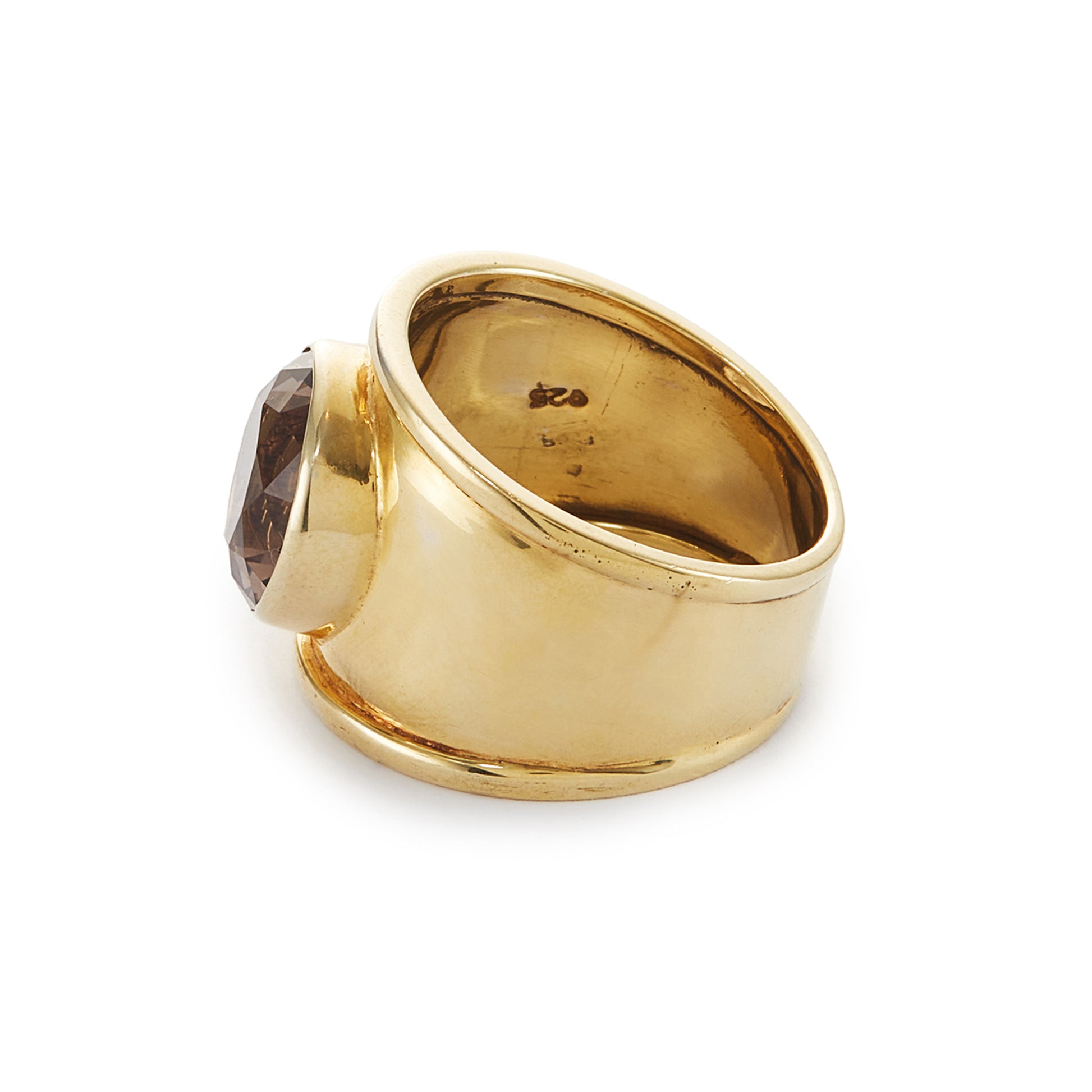 Classic gold plated on silver ring with a beautifully faceted smoky quartz in a tube setting.