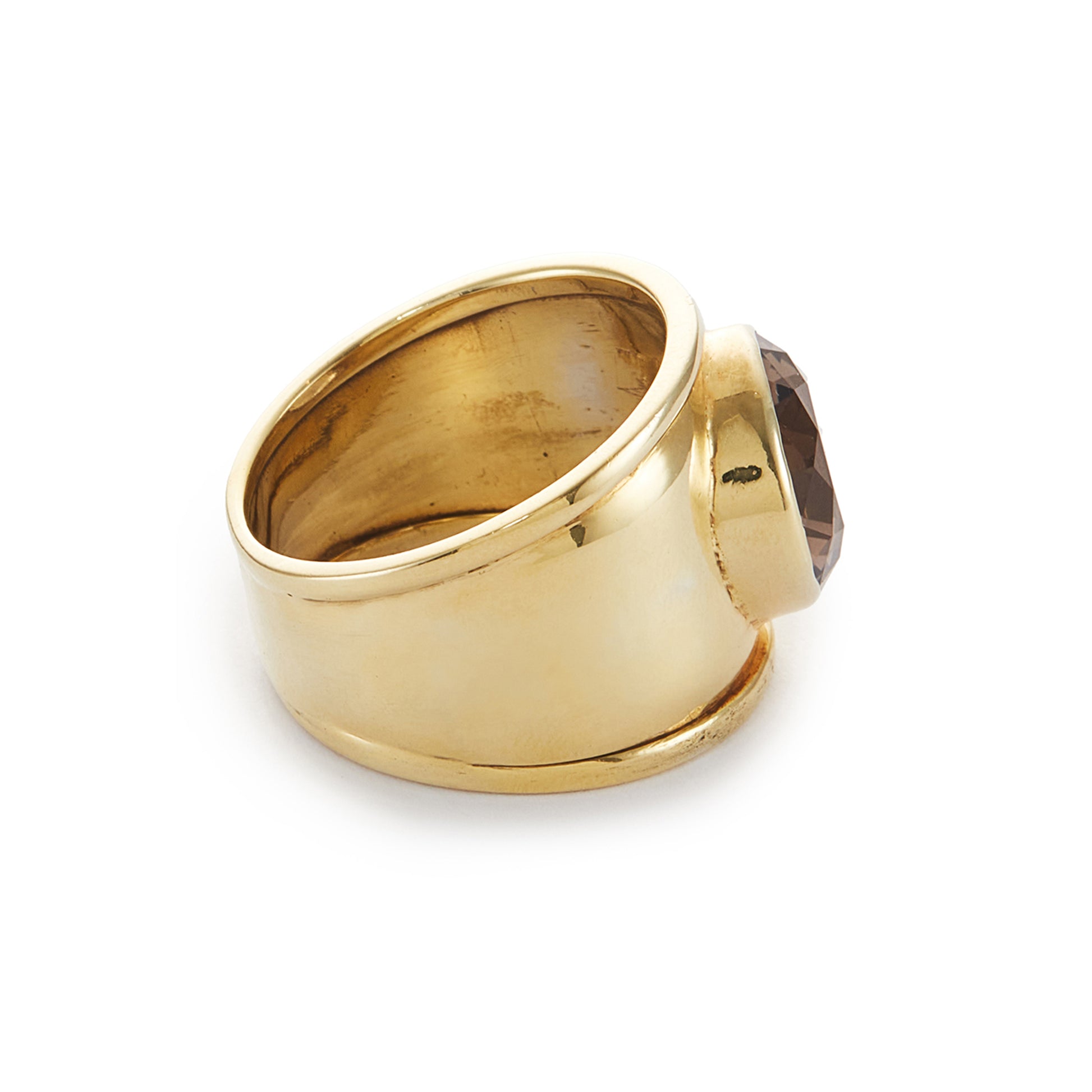 Classic gold plated on silver ring with a beautifully faceted smoky quartz in a tube setting.
