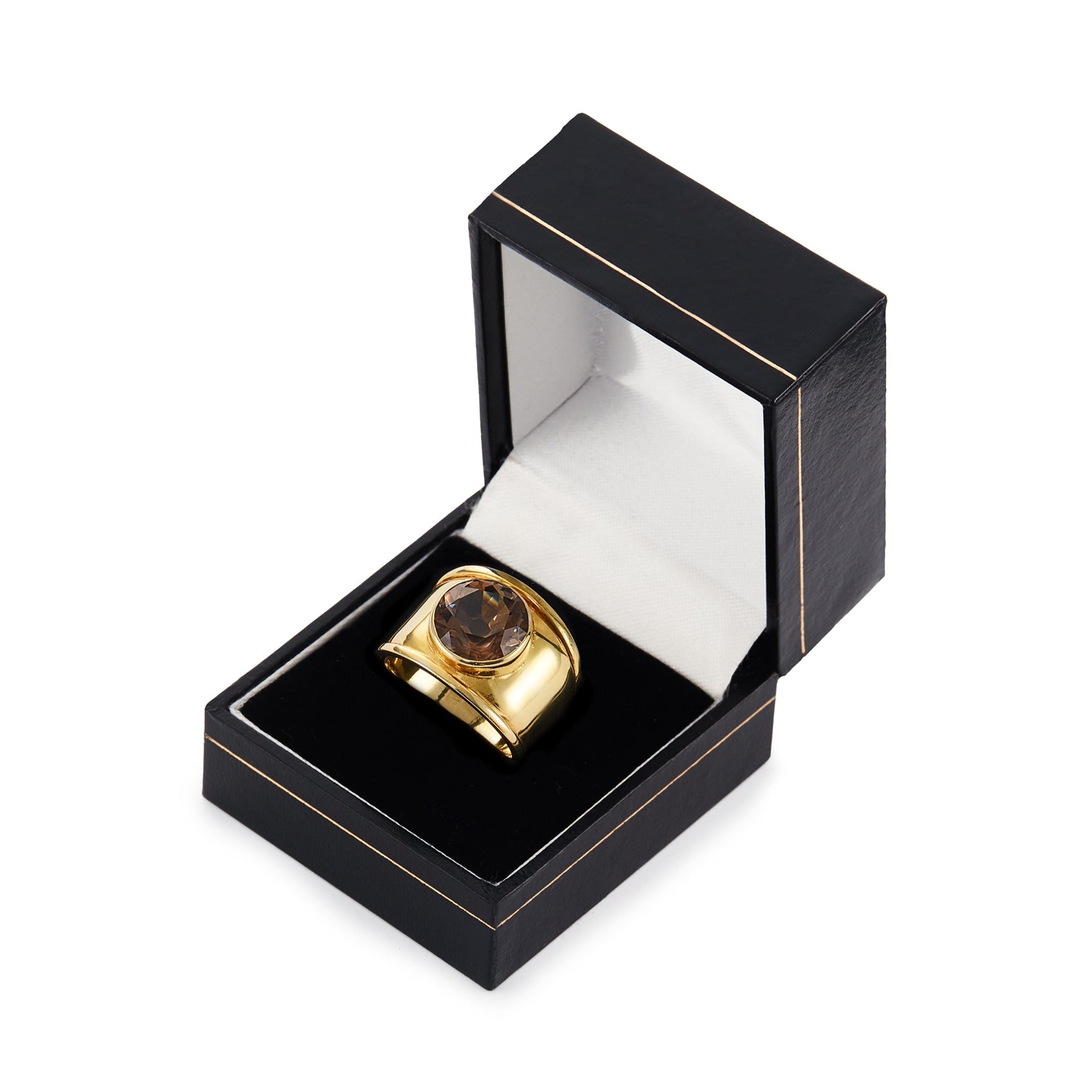 Classic gold plated on silver ring with a beautifully faceted smoky quartz in a tube setting.