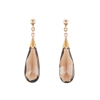 Classic gold-plated silver stud earrings, each set with a beautifully faceted, dangling smokey quartz drop.