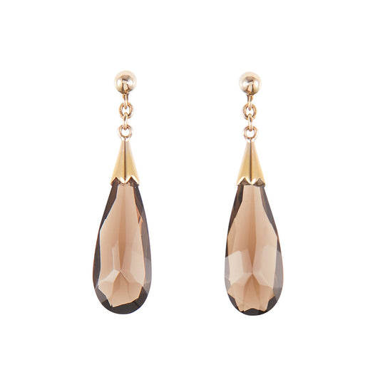 Classic gold-plated silver stud earrings, each set with a beautifully faceted, dangling smokey quartz drop.