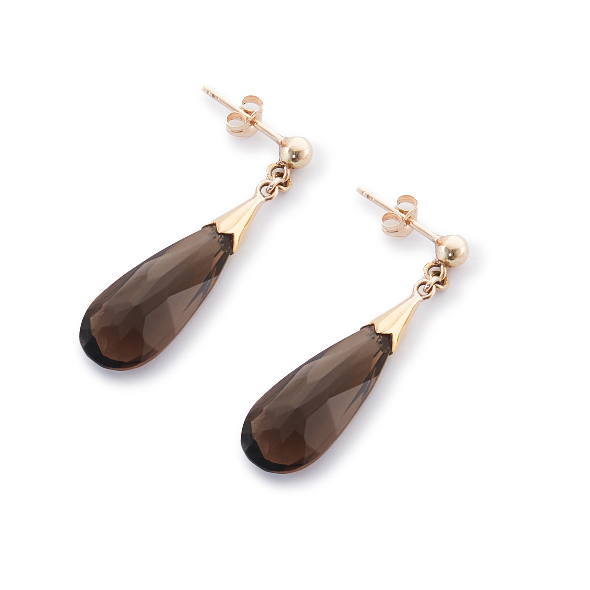 Classic gold-plated silver stud earrings, each set with a beautifully faceted, dangling smokey quartz drop.