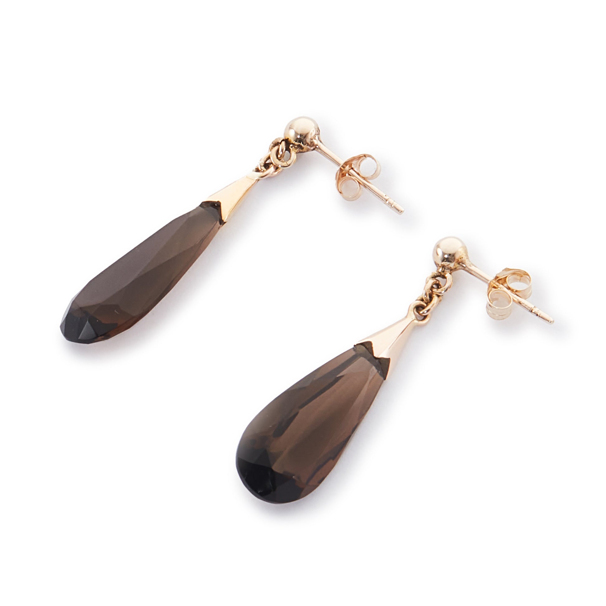 Classic gold-plated silver stud earrings, each set with a beautifully faceted, dangling smokey quartz drop.