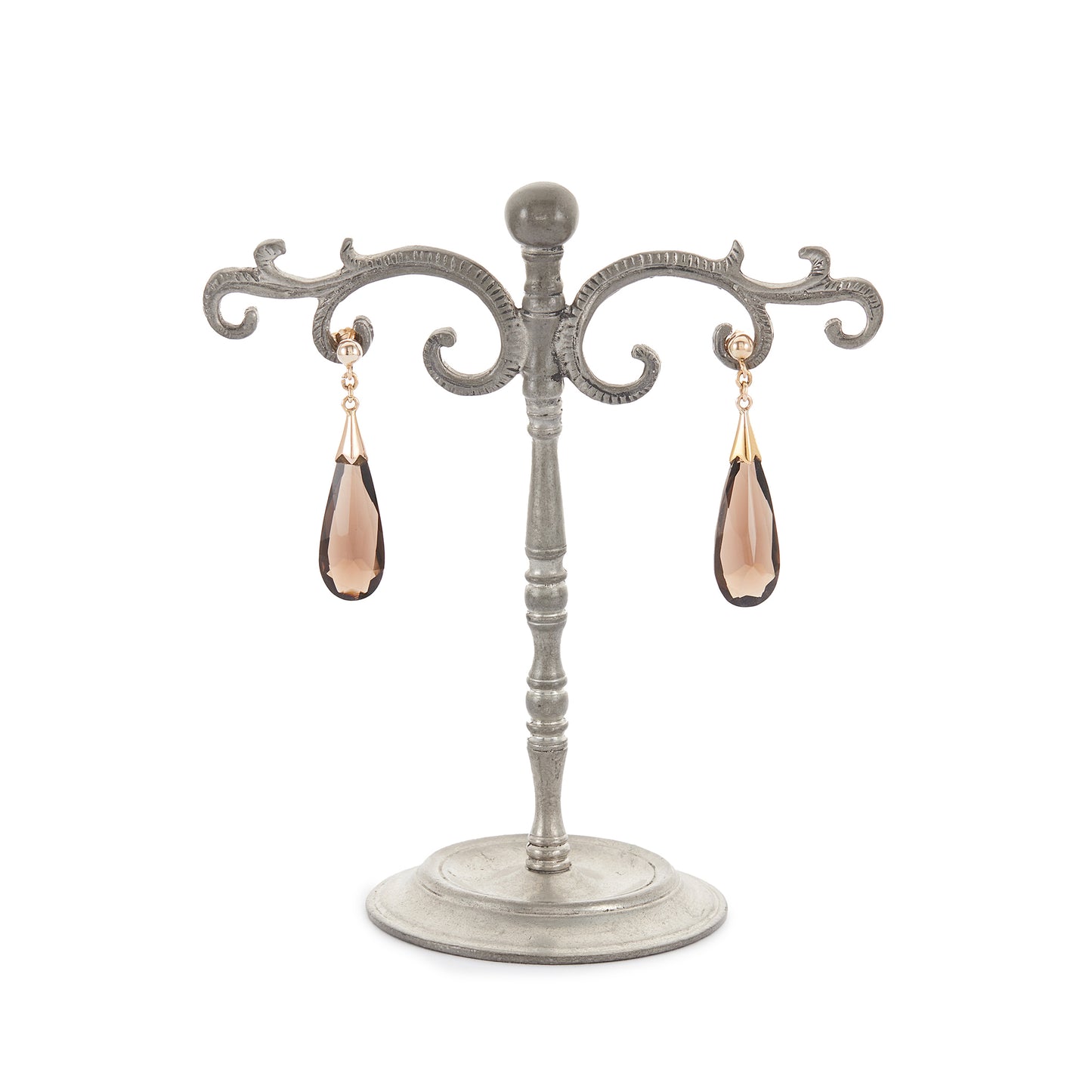 Classic gold-plated silver stud earrings, each set with a beautifully faceted, dangling smokey quartz drop.