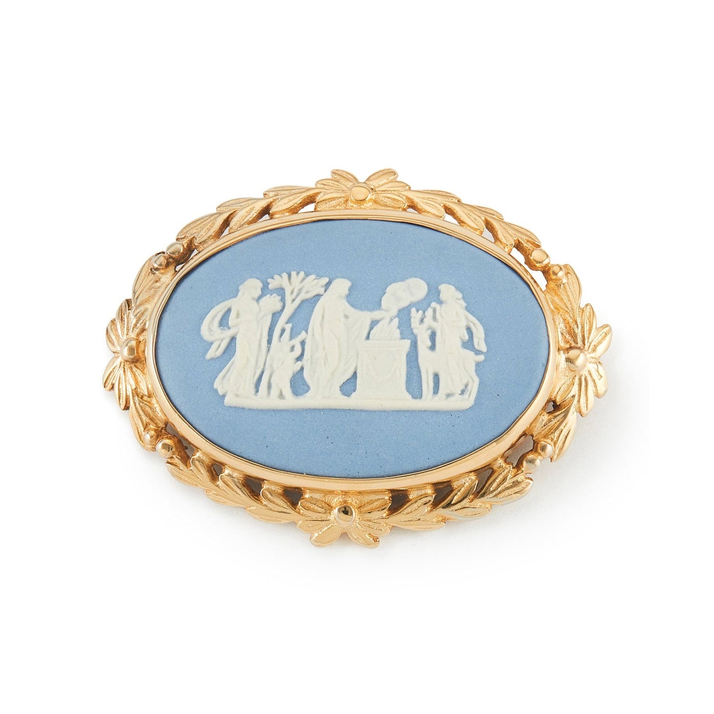 Beautiful blue and white Wedgwood plaque depicting a classic roman scene, in a gold plated brooch setting.