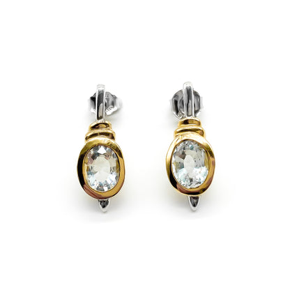 Classic gold on sterling silver drop earrings with tube set oval faceted aquamarine stones.