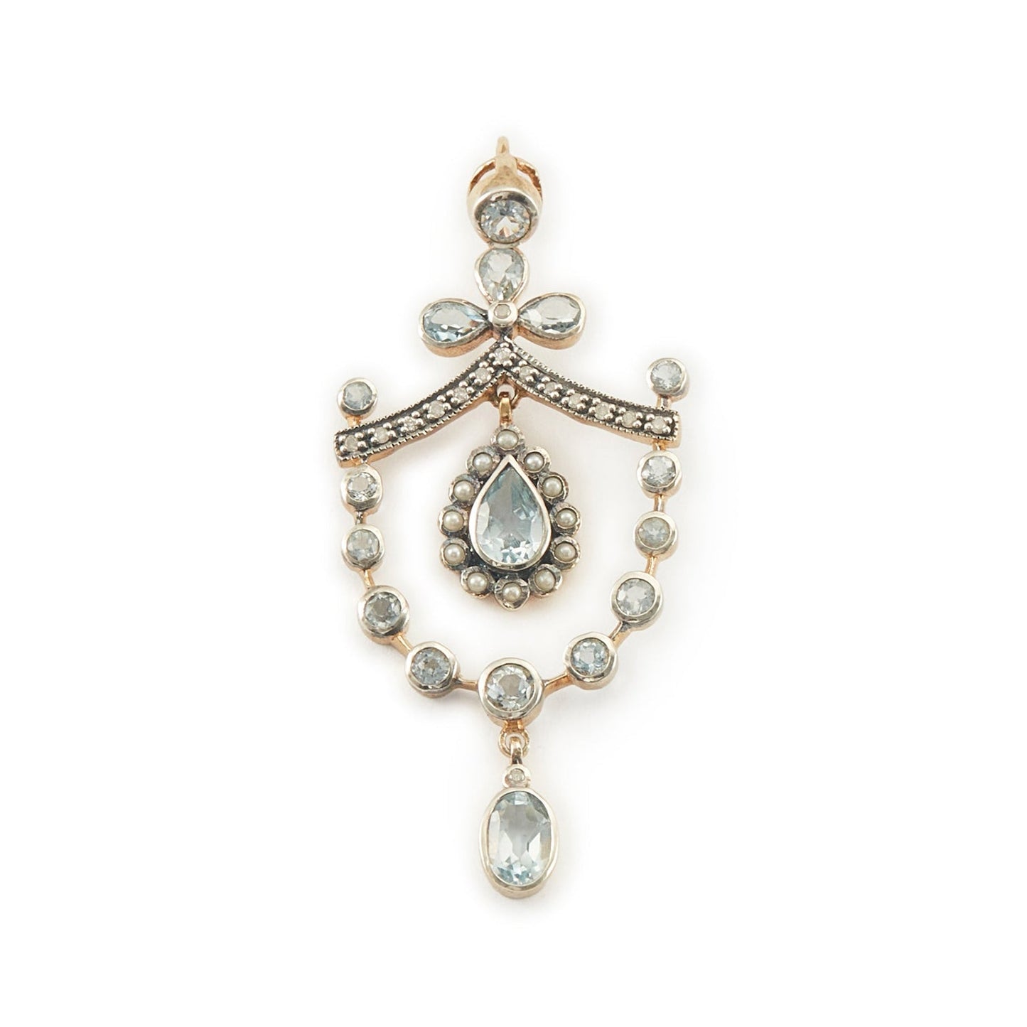 Pretty Edwardian-style gold on silver pendant set with seventeen light blue topaz stones, fifteen small diamonds and twelve tiny seed pearls.