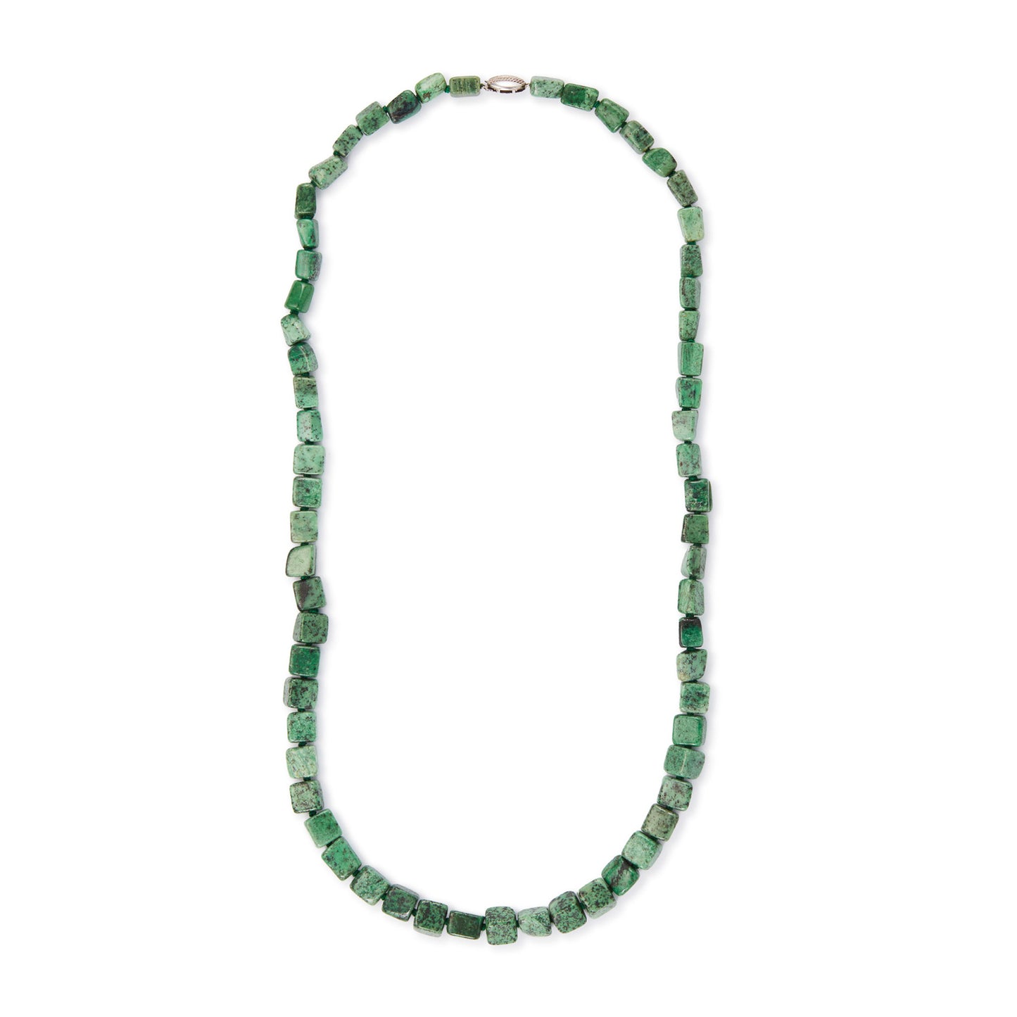 Very unusual, irregular natural hydroglossular vintage string of garnet beads with a variation of beautiful green hues and a sterling silver clasp.