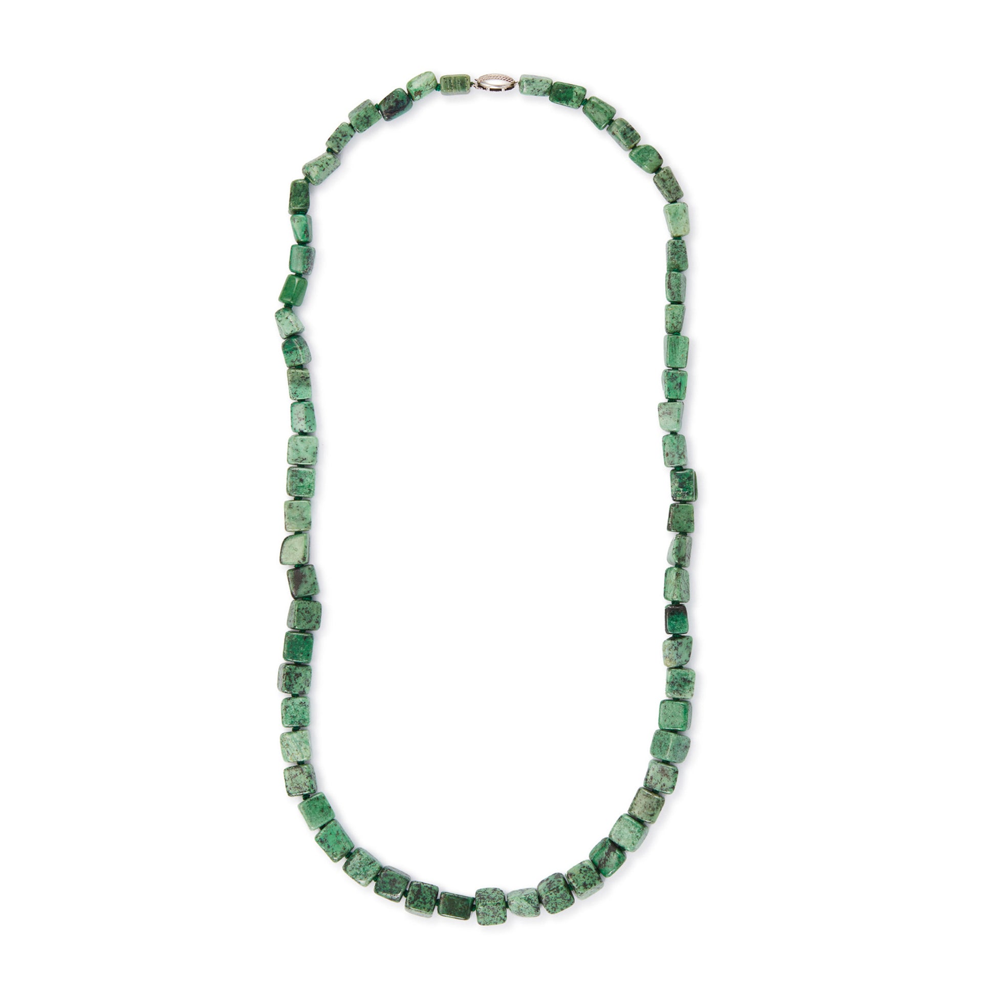 Very unusual, irregular natural hydroglossular vintage string of garnet beads with a variation of beautiful green hues and a sterling silver clasp.