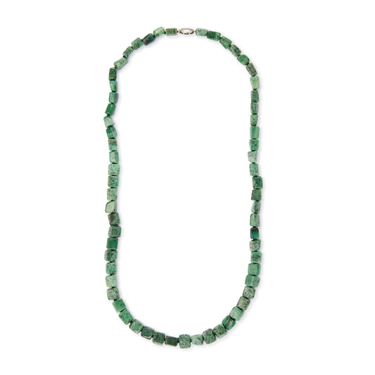 Very unusual, irregular natural hydroglossular vintage string of garnet beads with a variation of beautiful green hues and a sterling silver clasp.