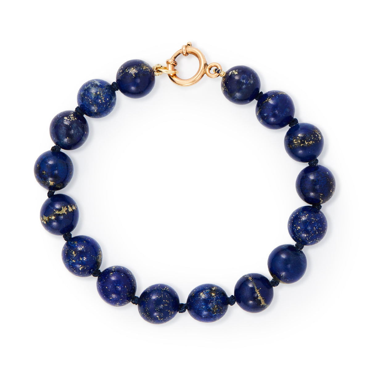 Stylish vintage lapis lazuli bead bracelet with a 9ct rose gold bolt ring clasp. Exceptional quality lapis lazuli beads with many golden flecks.