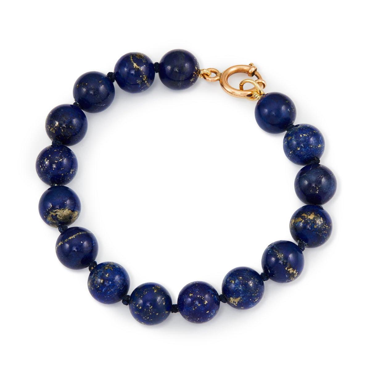 Stylish vintage lapis lazuli bead bracelet with a 9ct rose gold bolt ring clasp. Exceptional quality lapis lazuli beads with many golden flecks.