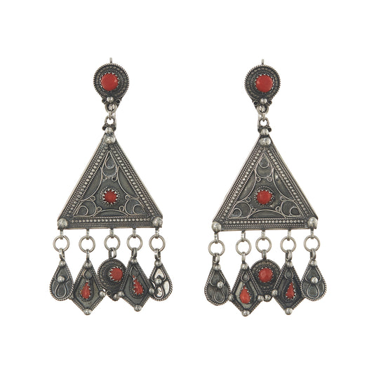 Magnificent ethnic oxidised silver chandelier earrings set with deep red coral cabochons. These large statement earrings are beautifully embossed. 