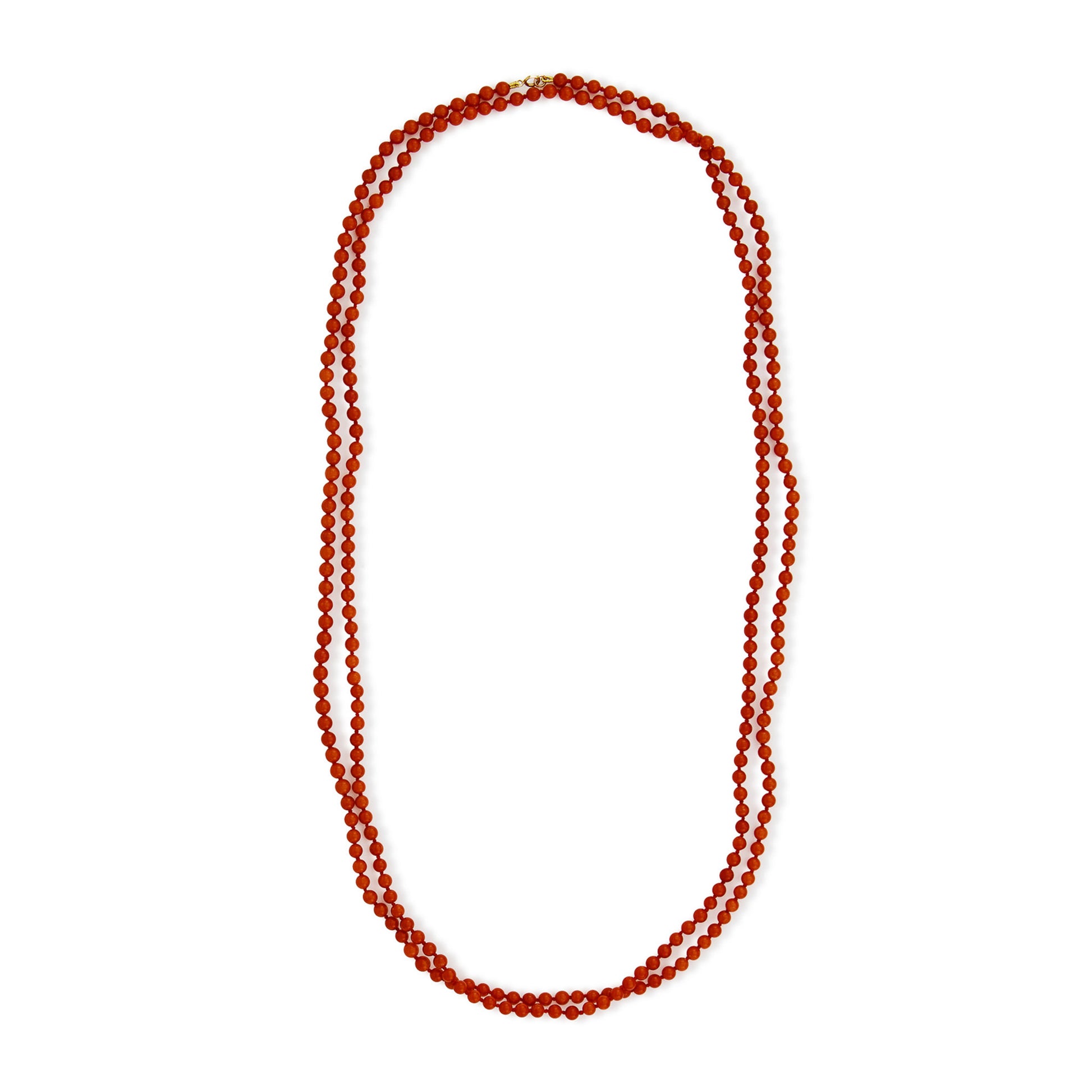 Very long vintage string natural Mediterranean coral beads with a 9ct gold bolt ring clasp. Can be draped around the neck up to three times.