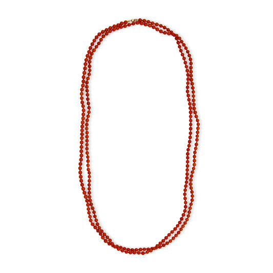 Very long vintage string natural Mediterranean coral beads with a 9ct gold bolt ring clasp. Can be draped around the neck up to three times.