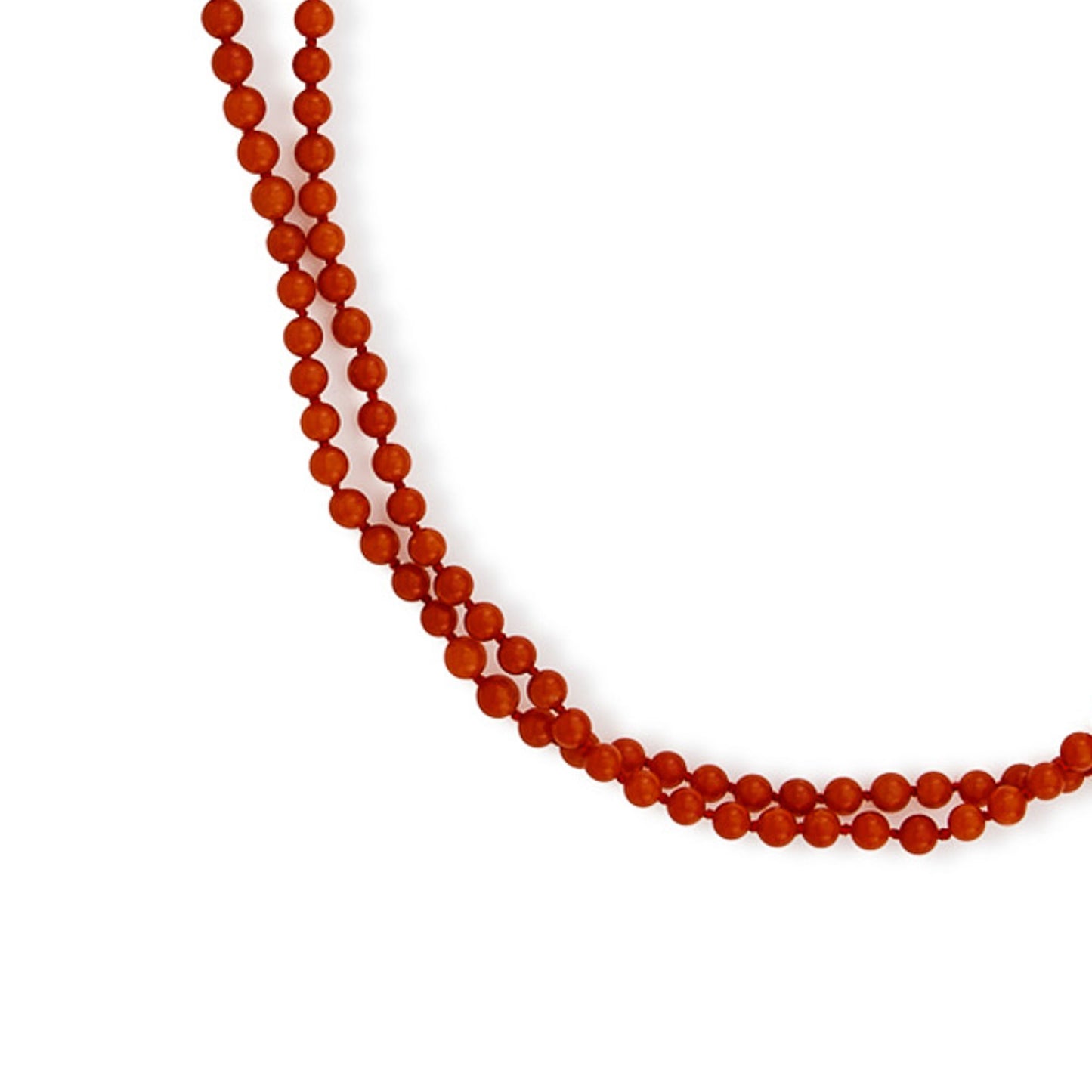 Very long vintage string natural Mediterranean coral beads with a 9ct gold bolt ring clasp. Can be draped around the neck up to three times.