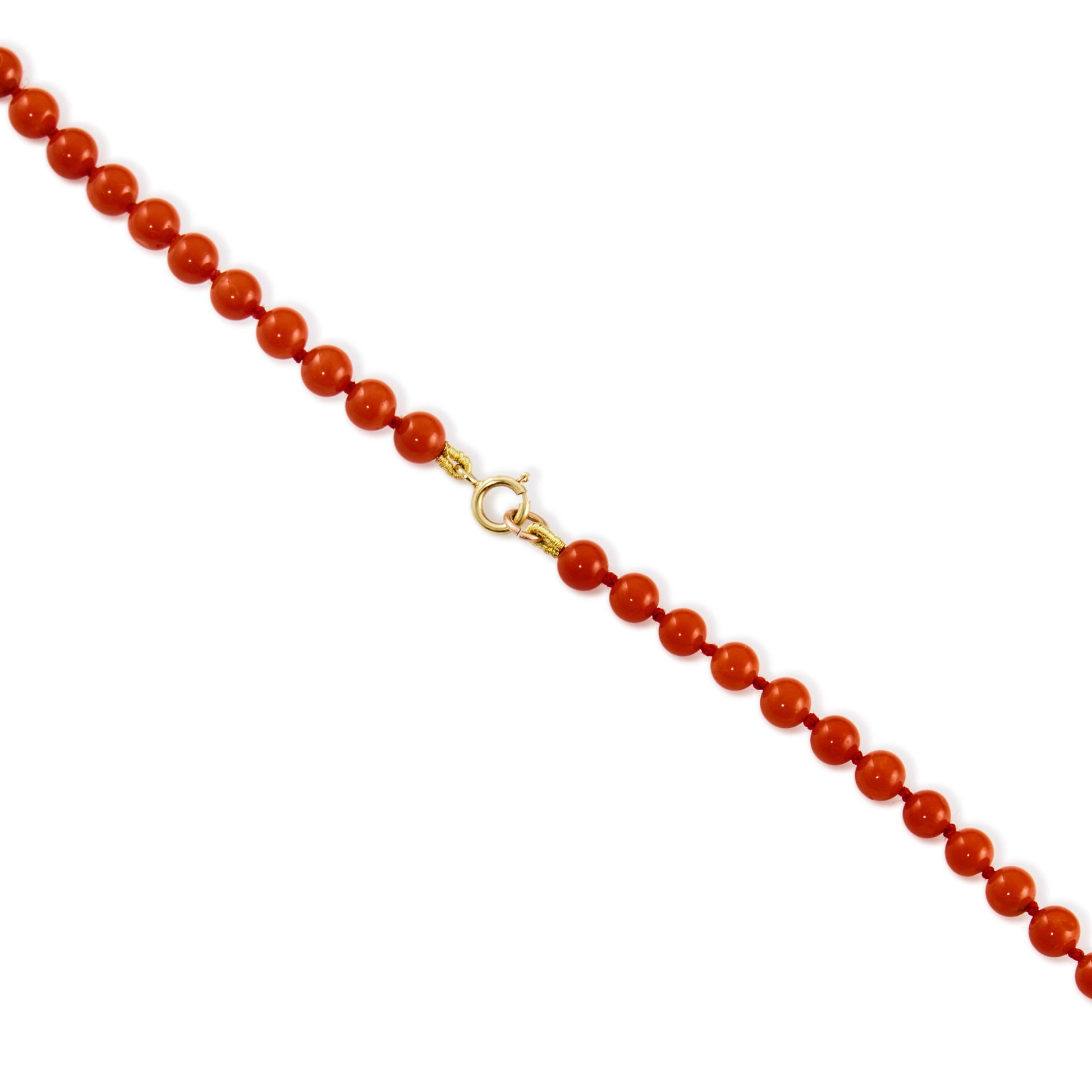 Very long vintage string natural Mediterranean coral beads with a 9ct gold bolt ring clasp. Can be draped around the neck up to three times.