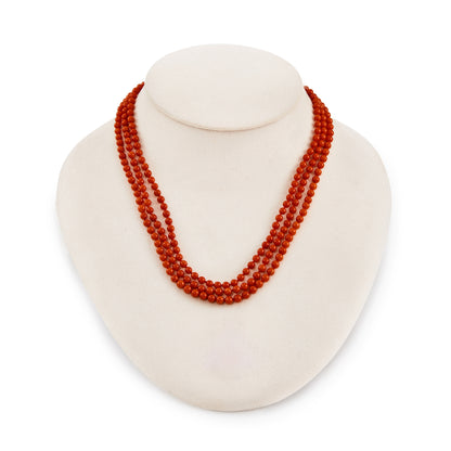 Very long vintage string natural Mediterranean coral beads with a 9ct gold bolt ring clasp. Can be draped around the neck up to three times.